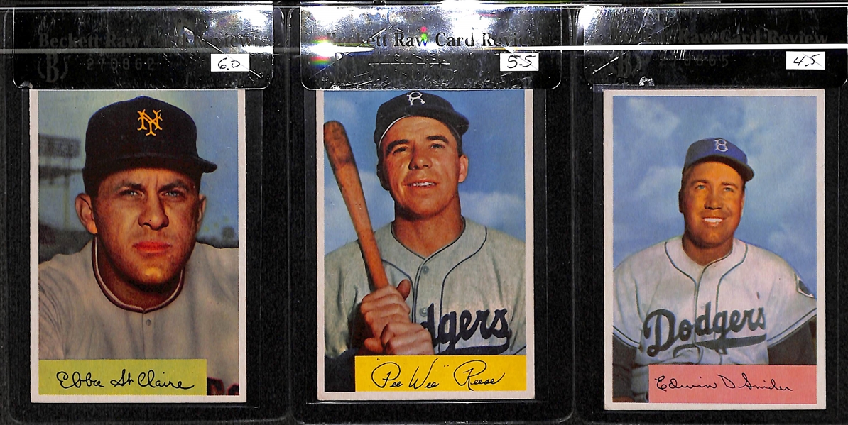 Lot of 5 - 1954 Bowman Robin Roberts #95, Don Larsen #101 RC, Ebba St. Claire #128, PeeWee Reese #58, Duke Snider #170 - BVG 6.0, 5.5, 4.5